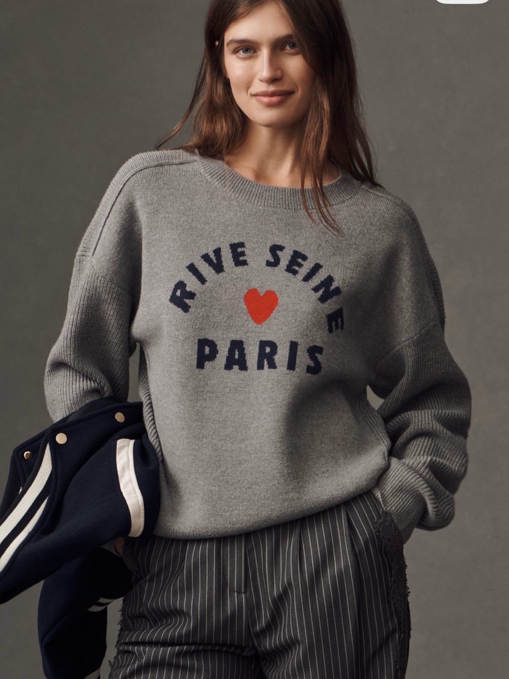 Anthropologie Maeve Gray 'RIVE SEINE PARIS' Logo Sweater with Red Heart